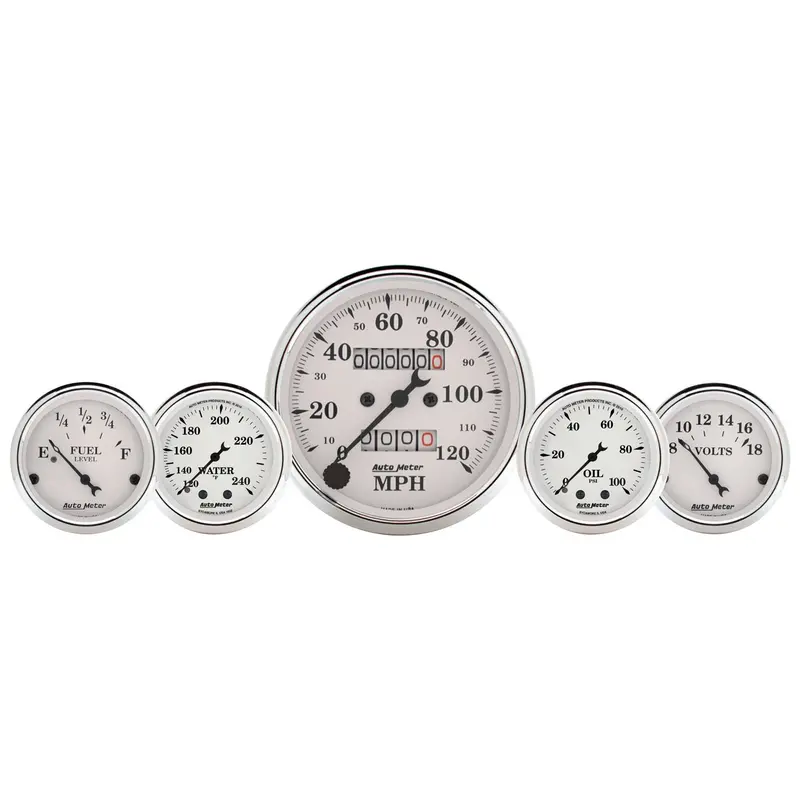 Autometer 1611 Gauge Kit; 5 Pc.; 3 1/8In./2 1/16In.; Mech. Speedo.; Wtmp/Oilp; Old Tyme Wht 1