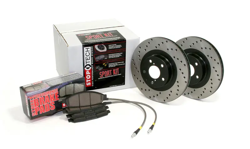 Stoptech 979.40014 Sport Axle Pack – Drilled 4-Wheel Brake System With Stainless Brake Lines 1